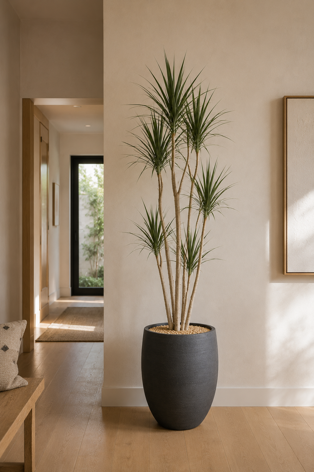 Dracaena Marginata in a tall Deep Charcoal planter installed in a warm entry hallway