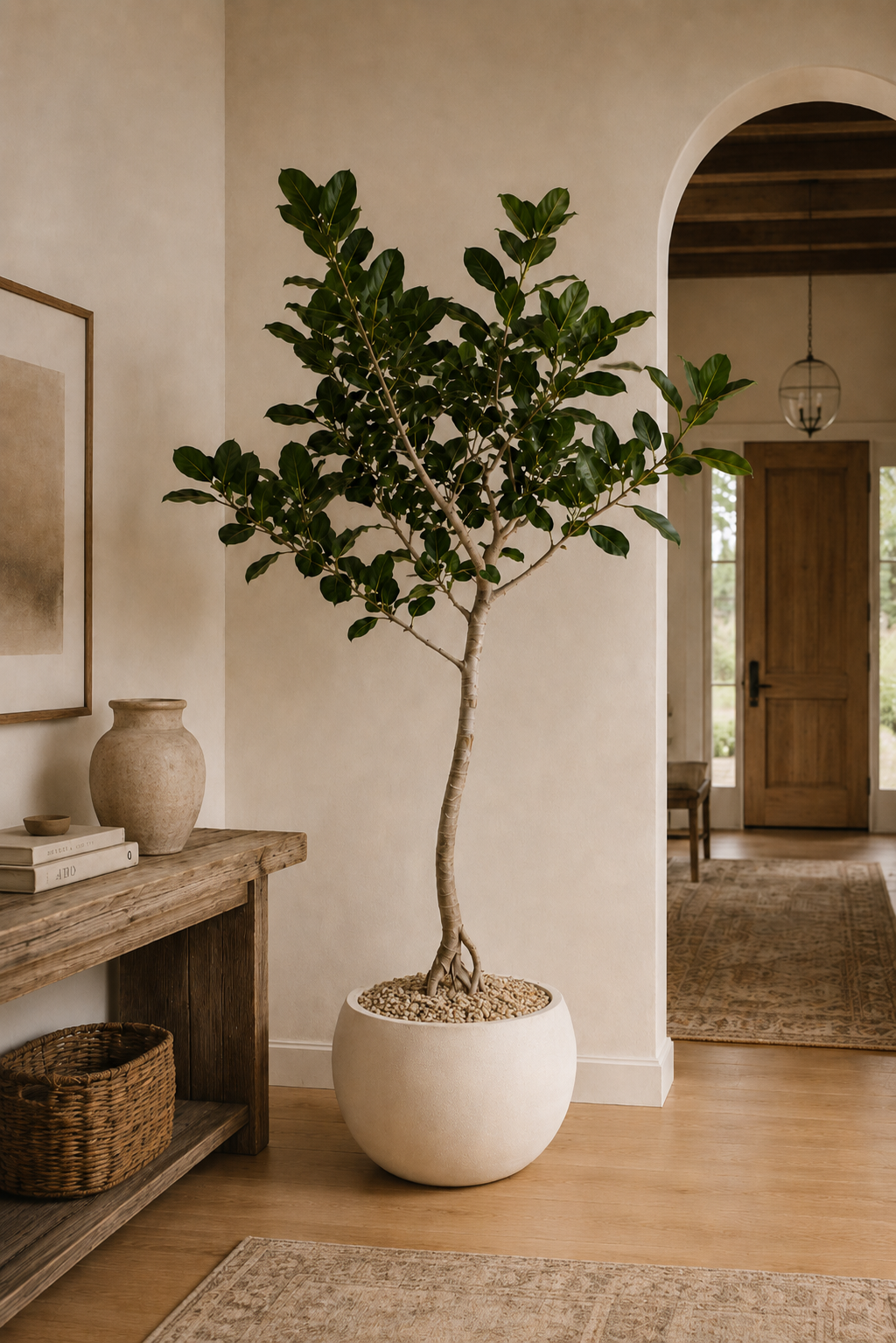 Ficus Audrey tree in an Alabaster bowl planter in a warm refined entryway