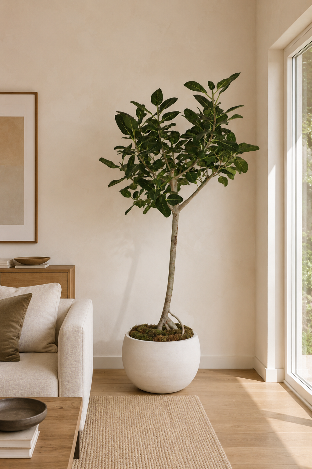 Ficus Audrey tree in a warm ivory bowl planter beside a sunlit living room window